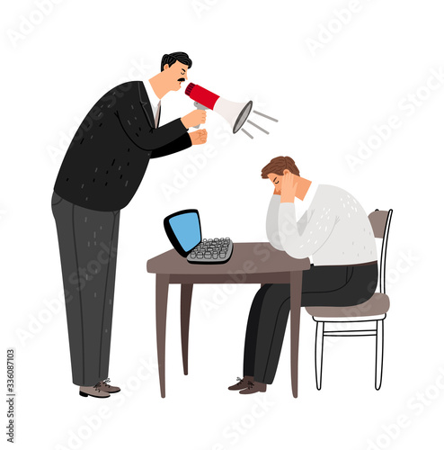 Screamind boss. Angry team leader, unprofessional behavior. Businessman with bullhorn or megaphone and tired employee at table vector illustration