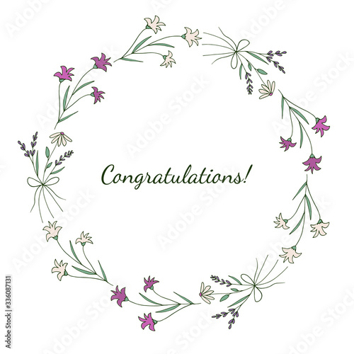 Decorative cute simple wreath of flowers and plants in doodle style. Congratulations! Isolated object on a white background. © Yana
