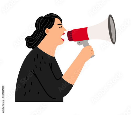 Screaming woman. Lady boss with bullhorn. Manager or team leader with megaphone. Isolated female yell vector illustration