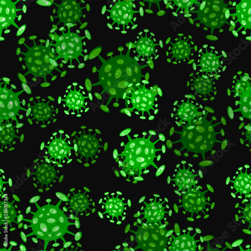Seamless pattern on black. Cartoon concept coronavirus COVID-19 nCov 2019 virus vector illustration.