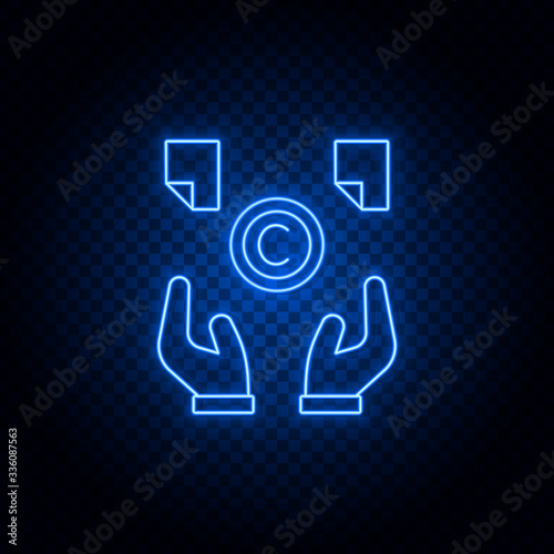 copyright, arms, chat bobbles blue neon vector icon. Blue and yellow neon vector icon. Transparent background