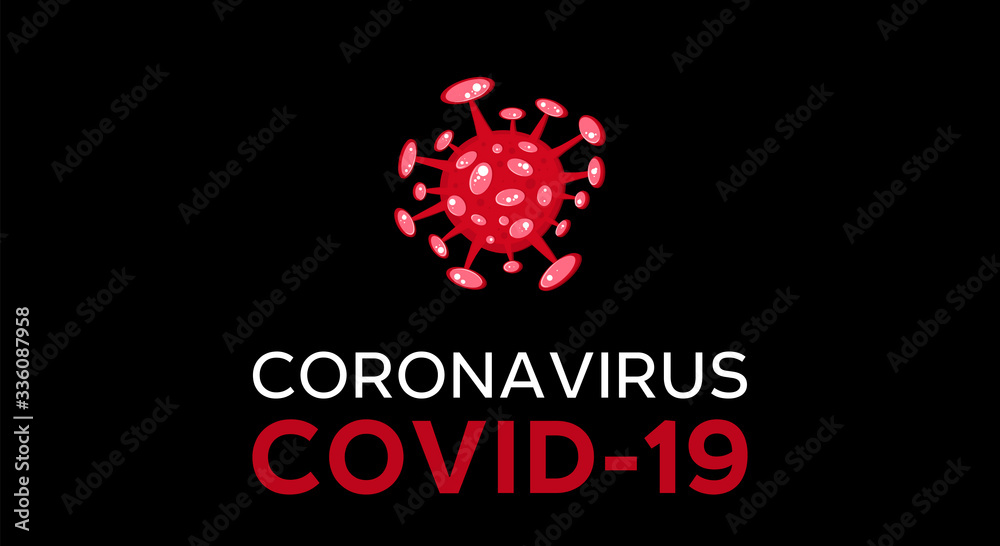 Cartoon concept coronavirus logo red COVID-19 nCov 2019 virus vector illustration on black background Cartoon concept coronavirus logo red COVID-19 nCov 2019 virus vector illustration on black background
