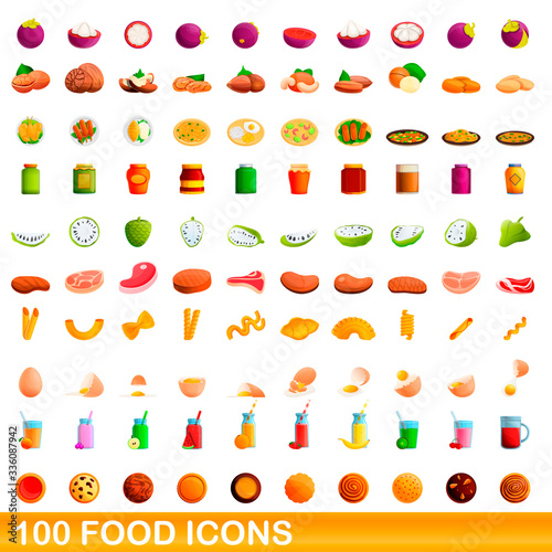 100 food icons set. Cartoon illustration of 100 food icons vector set isolated on white background photo