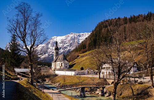 Beautiful alpine winter view with the famous church Saint Sebastian at Ramsau, Berchtesgaden, Bavaria, Germany