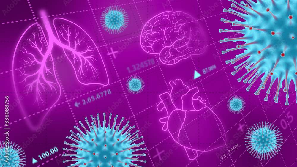 Effects of coronavirus on the lungs, heart and brain. Medical background.  Microbiology and virology concept - 3d Rendering. Stock Illustration |  Adobe Stock