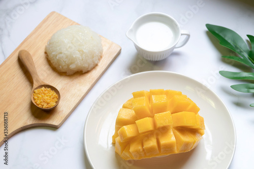 Fototapeta Naklejka Na Ścianę i Meble -  Thai sweet sticky rice with mango. Thai style tropical dessert, glutinous rice eat with mango.