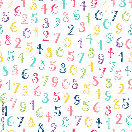 Hand drawn cartoon doodle Number seamless pattern. Colorful Latin alphabet numbers from 0 to 9 with different patterns. Mathematical background for kids. Back to school. Vector illustration
