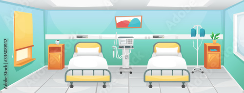 A hospital room with two beds, bedside tables and a ventilator. Fighting coronavirus in hospitals.