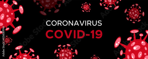 Cartoon concept coronavirus logo red COVID-19 nCov 2019 virus vector illustration on black background