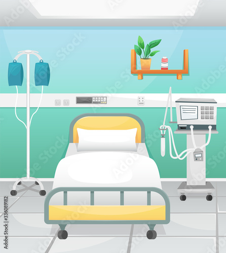 A hospital room with a bed, a drip and a ventilator. Fighting coronavirus in hospitals.