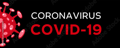 Cartoon concept coronavirus logo red COVID-19 nCov 2019 virus vector illustration on black background