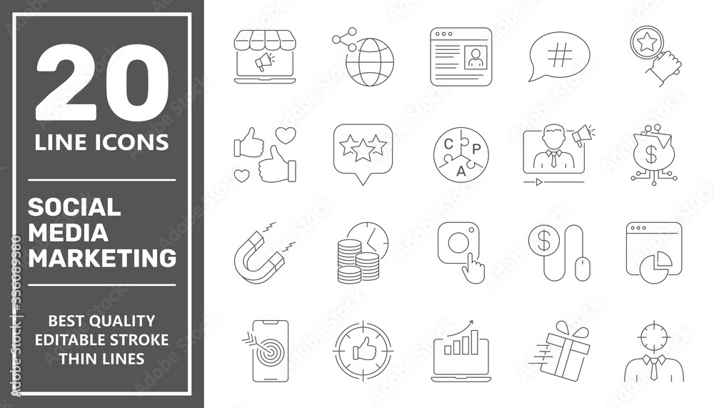 SMM icons set collection. Includes simple elements such as Content, Video Marketing, Copywriting, Ad Targeting, Audience Marketing, Blogging and Landing Page. Editable Stroke. EPS 10. SMM icons set collection. Includes simple elements such as Content, Video Marketing, Copywriting, Ad Targeting, Audience Marketing, Blogging and Landing Page. Editable Stroke. EPS 10.