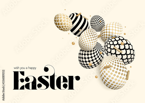 Happy Easter card with 3d composition. Decorated eggs, confetti with golden foil effect and elegant luxury font. Levitating realistic geometric o