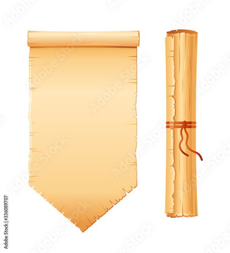 Papyrus scroll set, parchment paper with old texture, vector banner isolated on white background. Vintage roll with wooden handles for map, old, bible, medieval letter. Ancient papyrus scroll