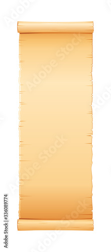 Papyrus scroll, parchment paper with old texture, vector banner isolated on white background. Vintage roll with wooden handles for map, old, bible, medieval letter. Ancient papyrus scroll