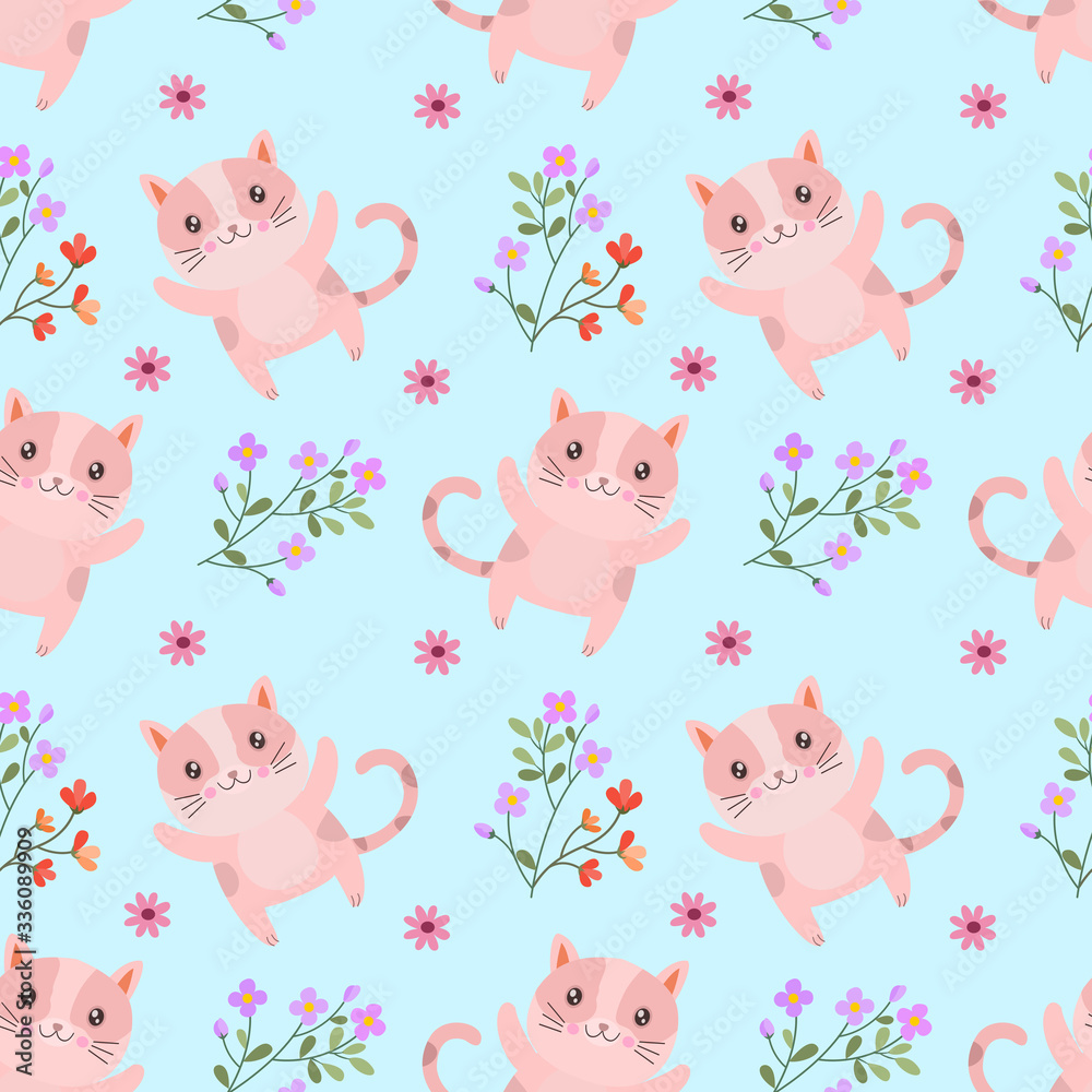Cute cat with flowers seamless pattern. Cartoon vector for fabric textile wallpaper.