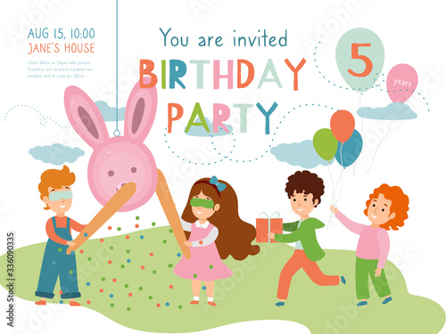 Child birthday party invitation vector illustration. Birth celebration in childhood. Children cartoon characters play pinata. Happy boy and girl with present, gift, balloon. Banner, card template.