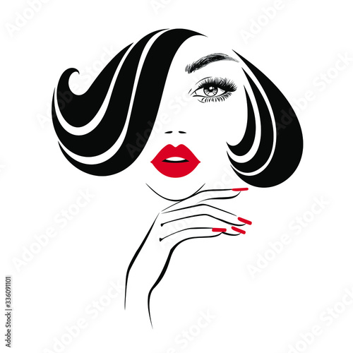 Beautiful sexy face, red lips, hand with red manicure nails, fashion woman, element design, nails studio, stylish hairstyle, hair salon sign, icon. Beauty Logo. Vector illustration. Hand drawing style