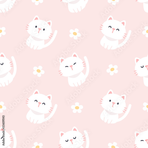 Cute cat and flowers seamless pattern background