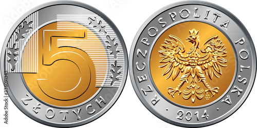 vector Polish Money five zloty gold and silver coin with eagle in golden crown on obverse, value and 5 leaves in ring portion on reverse