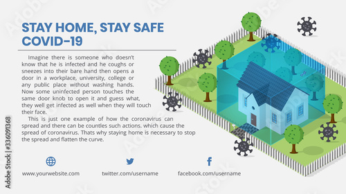 Covid-19 Coronavirus Illustration Information Background with Stay Home Stay Safe Concept in Isometric Style