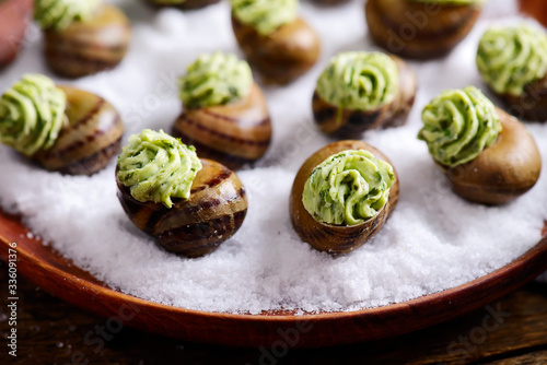 Burgundy escargot with herb butter.style rustic.