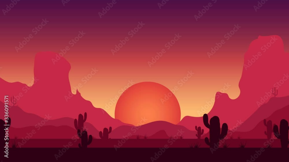 Animated cartoon background. Looped animation of desert landscape with cactuses. Flat footage with parallax effect. side view