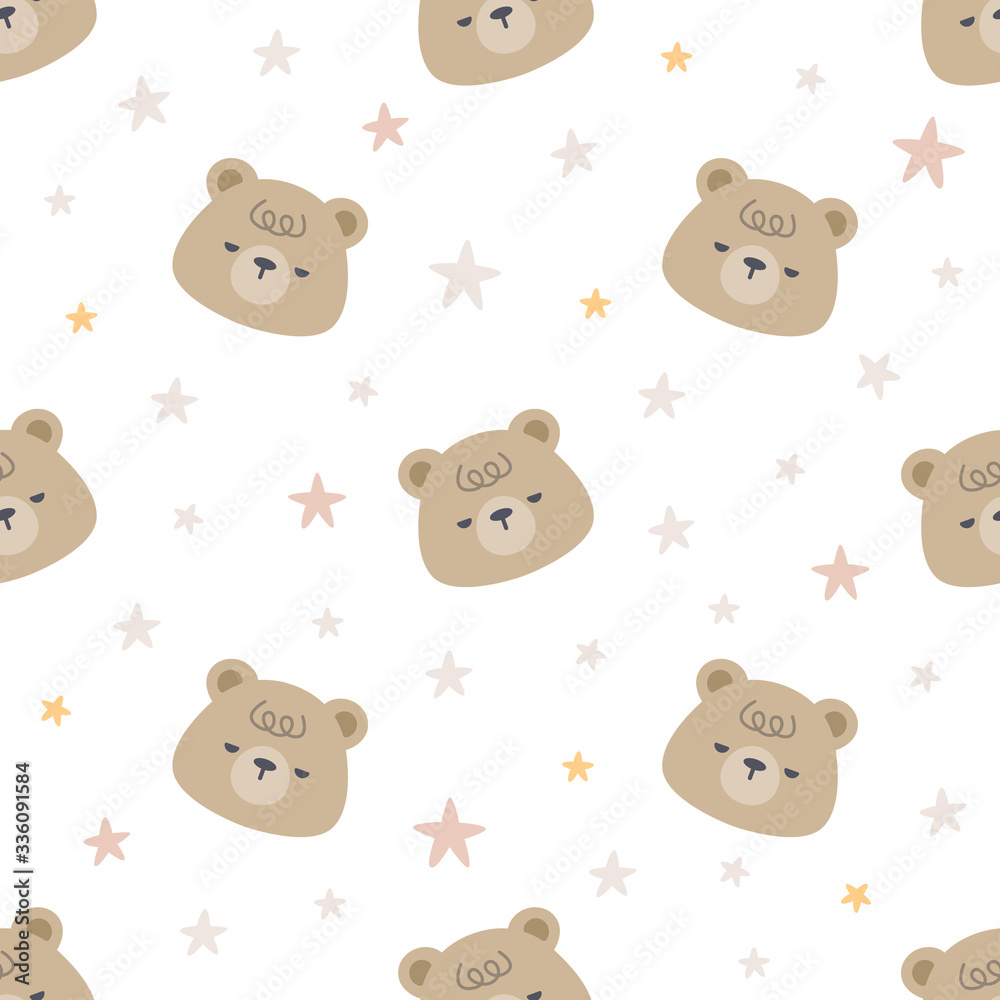 Fototapeta premium Cute sleepy bear with stars seamless pattern background