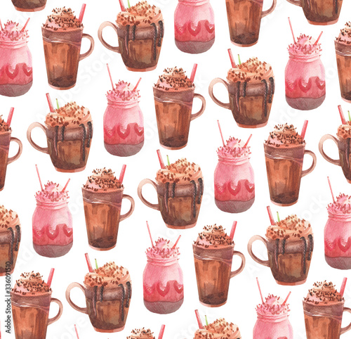 Watercolor pattern with drinks, coffee cocktails on a white background