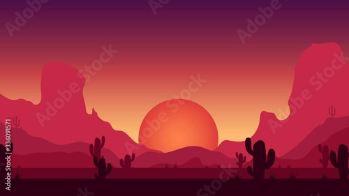 Animated cartoon background. Looped animation of desert landscape with cactuses. Flat footage with parallax effect. side view