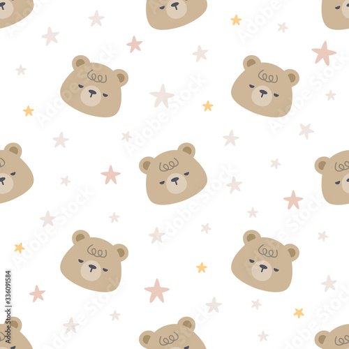 Cute sleepy bear with stars seamless pattern background