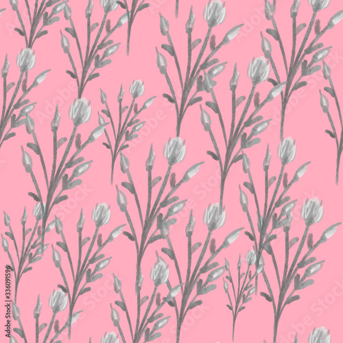 Grey bush roses on pink background. Seamless pattern. Elegant spring/summer print. Packaging, wallpaper, textile design