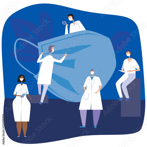 Doctors pulmonologists and a big medical mask as a concept of protection against respiratory diseases and coronovirus, flat vector stock illustration with small people in white coats and a doctor