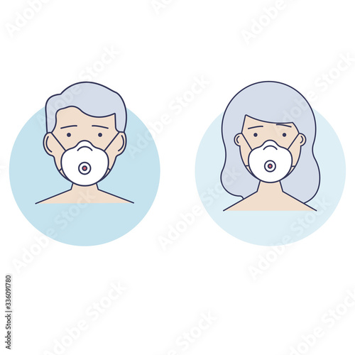 Man and Woman in medical face protection mask. Mask N95. Mask protects breathing and lungs. Virus and dust protection. Coronavirus. Flat design. Vector illustration.