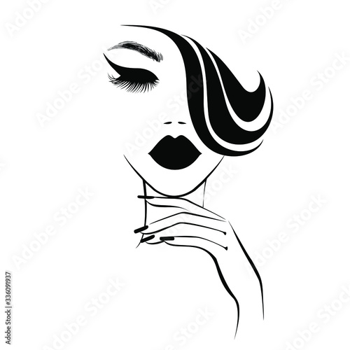 Beautiful sexy face, black lips, hand with manicure nails, fashion woman, element design, nails studio, stylish hairstyle, hair salon sign, icon. Beauty Logo. Vector illustration. Hand drawing style