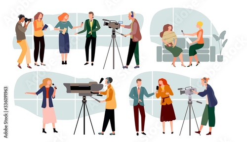 Journalist interviews vector illustration. Cartoon news presenters character, people with microphone interviewing, cameraman, videographer with camera. Tv journalism, mass media set isolated on white