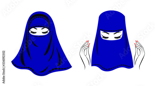 Beautiful Muslim Women with lush eyelashes in niqab, beautiful hands, flowers background. Vector illustration.