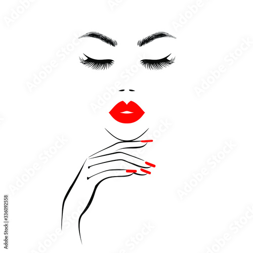 Beautiful girl face with red lips  lush eyelashes  hand with red manicure nails. Beauty Logo. Vector illustration