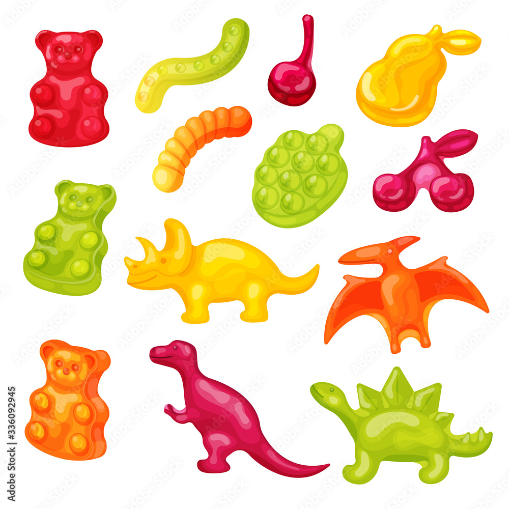 Fototapeta Gummy candy vector illustration set. Cartoon cute sweet character, jelly bear, marmalade worm, colorful sugar animal or fruit. Vitamin dessert snack for kids, flat gum candy icons isolated on white