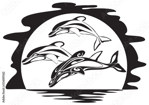 three black stylized dolphins against the background of a white stylized sun jump into the sea, isolated object on a white background, vector illustration,