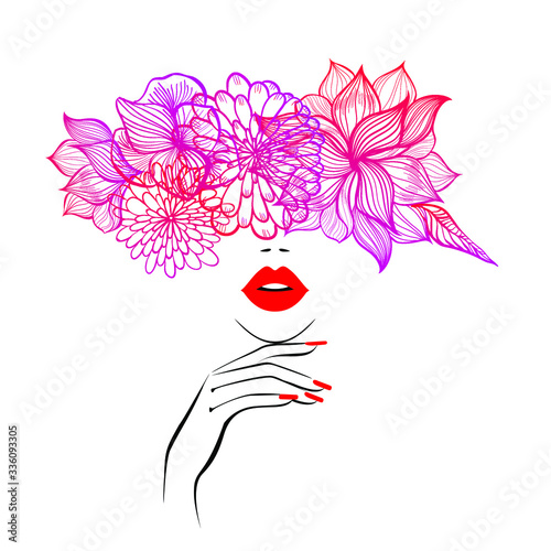 Beautiful woman face red lips, hand with red manicure nails. Beauty Logo. Vector illustration, diadem flowers, butterflies, floral motive, abstract flowers, spa salon, sign, symbol, nails studio.