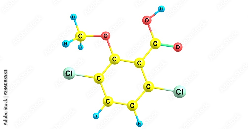 Dicamba molecular structure isolated on white Dicamba molecular structure isolated on white
