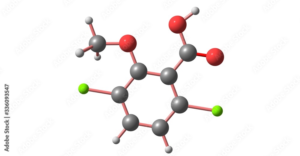 Dicamba molecular structure isolated on white Dicamba molecular structure isolated on white