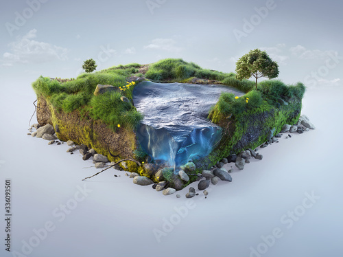 Travel and vacation background. 3d illustration with cut of the ground and the grass landscape with the cut of the pond. Baby nature isolated on white.