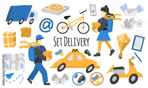 Set of vector clipart delivery. Courier man and woman with boxes and backpacks. Symbols of delivery, payment, dispatch of goods, transport. Isolated illustration in flat style on a white background.