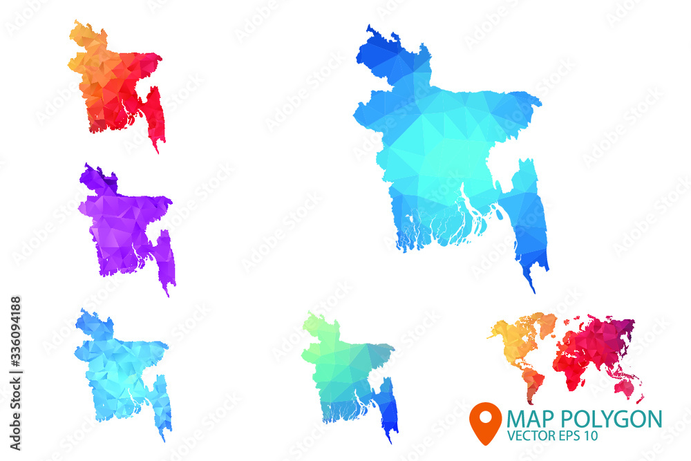 Bangladesh Map - Set of geometric rumpled triangular low poly style gradient graphic background , Map world polygonal design for your . Vector illustration eps 10.