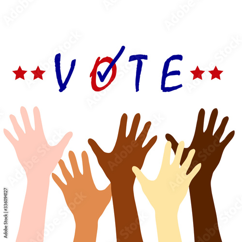 Multiracial raised up hands. Vector illustration of election vote. Multiethnicity, diversity, union and strength concept.
