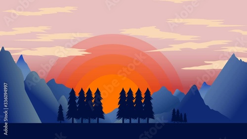 Animated cartoon background. Looped animation of mountain landscape with pine trees. Flat footage with parallax effect. side view