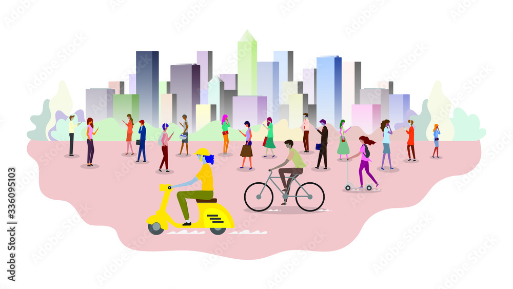 People walking on the city street. Color cityscape ecology.  People using mobile internet technology. Building panorama background. vector illustration. 