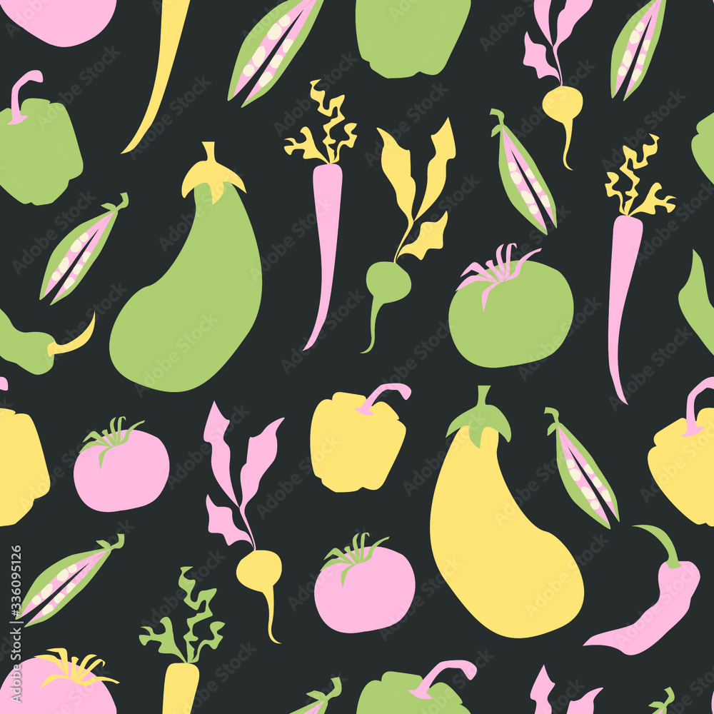 Vector seamless pattern with handraw vegetables on the dark background. Cabbage, peppers, tomatoes, carrots and bean. Colorful cartoon style. For textile design, kitchen, menu, wallpaper, flat. Vector seamless pattern with handraw vegetables on the dark background. Cabbage, peppers, tomatoes, carrots and bean. Colorful cartoon style. For textile design, kitchen, menu, wallpaper, flat.